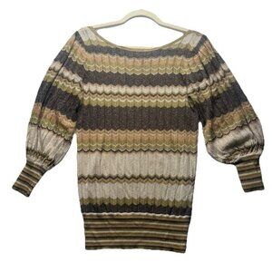Vtg Bebe Y2K Green Brown Tan Sparkle Multi Zig Zag Scoop Neck Light Sweater Sz S